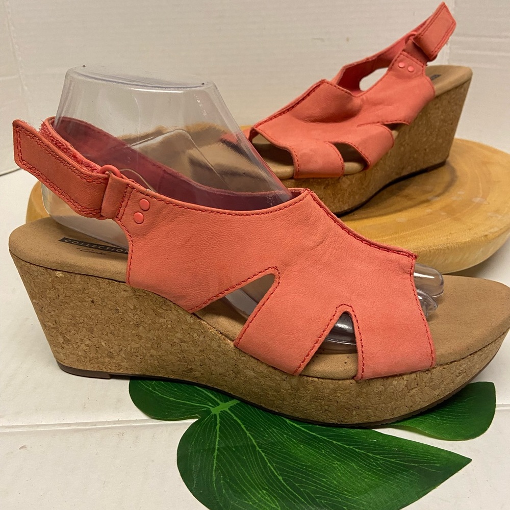 Clarks Salmon Pink Suede Wedge Sandals